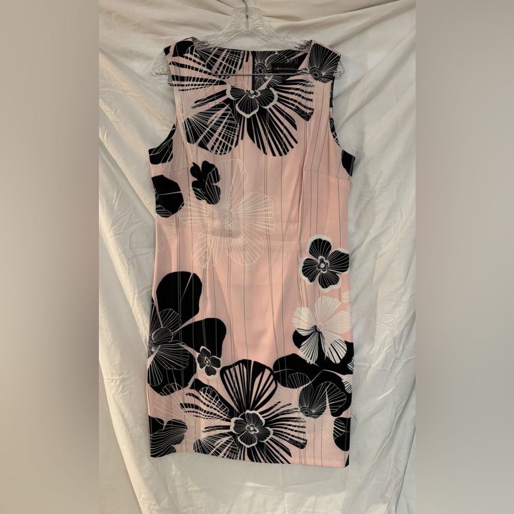 Pink, black, and white sleeveless floral dress